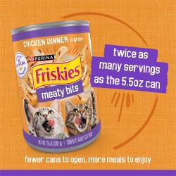 Friskies Meaty Bits chicken dinner in gravy wet cat food contains twice as many servings as the 5 and a half ounce can.