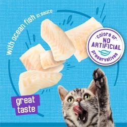 Friskies Meaty Bits with ocean fish in sauce wet cat food is made with no artificial colors of preservatives.