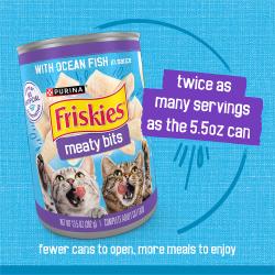 Friskies Meaty Bits with ocean fish in sauce wet cat food contains twice as many servings as the 5 and a half ounce can.