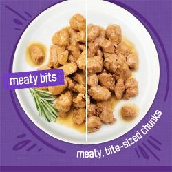 Friskies Meaty Bits wet cat food in a bowl with meaty bit sized chunks.