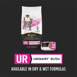 El alimento para gatos Pro Plan Veterinary Diets UR Urinary St/Ox está disponible en fórmulas secas y húmedas.