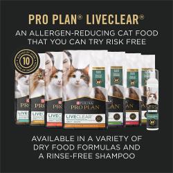 El alimento para gatos Purina Pro Plan LiveClear está disponible en una variedad de fórmulas de alimento seco y un champú sin enjuague.