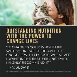 Un testimonio de un cliente real sobre cómo el alimento para gatos Pro Plan LiveClear reductor de alérgenos ofrece una nutrición excepcional.