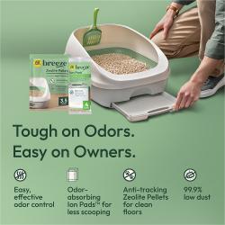 Duro contra los olores. Fácil para los dueños. Control de olores fácil y efectivo. Almohadillas Ion que absorben los olores para menos recolección. Pellets de zeolita antiarrastre para mantener los pisos limpios. 99.9 % bajo en polvo.