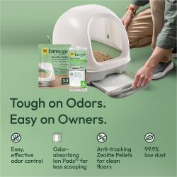 Duro contra los olores. Fácil para los dueños. Control de olores fácil y efectivo. Las Ion Pads que absorben el olor reducen la necesidad de recoger. Los Pellets de zeolita anti‑rastreo ayudan a mantener los pisos limpios. 99.9% bajo contenido de polvo.