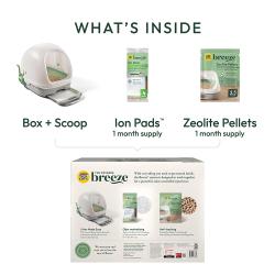 Qué incluye el kit del sistema de caja de Litter cubierta Tidy Cats Breeze – caja + pala, suministro para 1 mes de Ion Pads y pellets de zeolita.