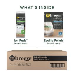 Qué incluye el paquete de recarga Tidy Cats Breeze Extra Fuerza: suministro para 2 meses de Ion Pads y pellets de zeolita.