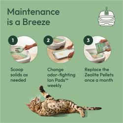 Maintenance is a Breeze. 1) Scoop solids as needed. 2) Change odor-fighting Ion Pads weekly. 3) Replace the Zeolite Pellets once a month.