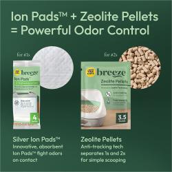 Ion Pads + Zeolite Pellets = Powerful Odor Control. For #1s, Silver Ion Pads are innovative, absorbent, and fight odors on contact. For #2s, Zeolite Pellets have anti-tracking tech and separate 1s and 2s for simple scooping.