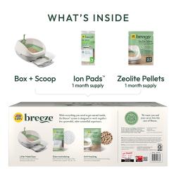 What's inside the Tidy Cats Breeze Original Litter Box System kit – Box + Scoop, 1 month supply of Ion Pads and Zeolite Pellets.