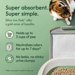 Súper absorbentes. Súper simples. Las almohadillas con iones de plata ofrecen una gran cantidad de beneficios. Contienen hasta 3 tazas de orina. Neutralizan los olores hasta por 7 días cuando se usa una almohadilla para un solo gato. Sin fugas, sin desagradables grumos de orina.