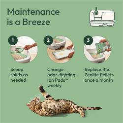 Maintenance is a Breeze. 1) Scoop solids as needed. 2) Change odor-fighting Ion Pads weekly. 3) Replace the Zeolite Pellets once a month.