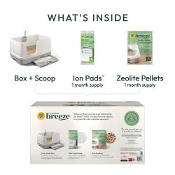 What's inside the Tidy Cats Breeze XL Litter Box System kit – Box + Scoop, 1 month supply of Ion Pads and Zeolite Pellets.