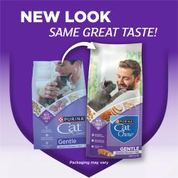 Un escudo morado alberga textos que dicen "nuevo aspecto, mismo gran sabor". Debajo, una flecha señala del antiguo empaque de Purina Cat Chow Gentle al nuevo empaque.