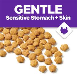 Image of dry cat food kibble on a white background. A purple banner with text reads "Gentle sensitive stomach + skin" accompanied by an icon of a turkey