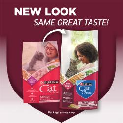 A maroon shield hosts texts that reads "new look same great taste." Below an arrow point from the old Purina Cat Chow Healthy Aging packaging to the new packaging