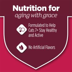 A maroon shield shows text that reads "nutrition for aging with grace.Formulated to help cats 7 plus stay healthy and active. No artificial flavors." Icons next to the text show maroon leaves and honeycomb shaped molecule