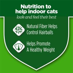 A green shield shows texts that reads "nutrition to help indoor cats look and feel their best. Natural fiber helps control hairballs. Helps promote a healthy weight." Icons next to the attributes show woven fibers and an outline of a scale