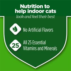 A green shield shows texts that reads "nutrition to help indoor cats look and feel their best. No artifical flavors. All 25 essential vitamins and minerals." Icons next to the text show green leaves and the number 25