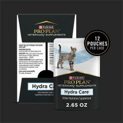 Pro Plan Veterinary Supplements Hydra Care feline hydration supplement contains 12 pouches per case.