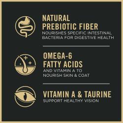 El alimento seco para gatos Pro Plan Complete Essentials contiene fibra prebiótica natural, ácidos grasos omega 6 y vitamina A.