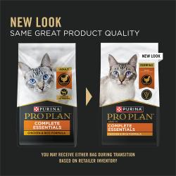 Pro Plan Complete Essentials chicken and rice dry cat food has a new look but the same great product quality.
