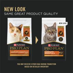 Pro Plan Complete Essentials shredded blend chicken and rice dry cat food has a new look but the same great product quality.