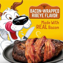 A cartoon dog licking its lips and looking at Beggin' Bacon-Wrapped Ribeye Flavor dog treats that are made with real bacon.