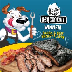 Hamlet el perro Beggin' con pechuga de res a la barbacoa y texto: Batalla del Ganador del Concurso de Cocina Beggin' BBQ Sabor a Tocino y Pechuga de Res.