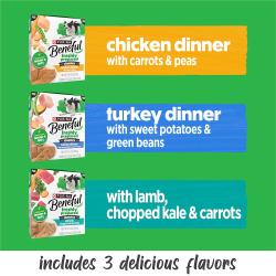 Includes 3 delicious flavors. Chicken dinner with carrots and rice. Turkey dinner with sweet potatoes and green beans. Lamb with chopped kale and carrots.