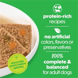 Protein-rich recipes. No artificial colors, flavors or preservatives. 100% complete and balanced for adult dogs.