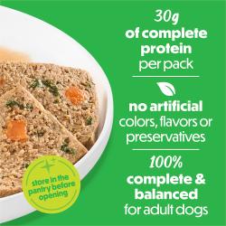 24g de proteína completa por paquete. Sin colores, sabores o conservantes artificiales. 100% completo y equilibrado para perros adultos.