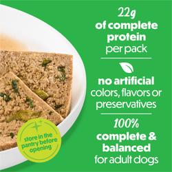 24g de proteína completa por paquete. Sin colores, sabores o conservantes artificiales. 100% completo y equilibrado para perros adultos.