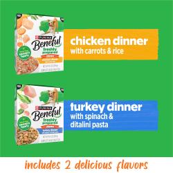 Includes 2 delicious flavors. Chicken dinner with carrots and rice. Turkey dinner with spinach and ditalini pasta.