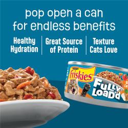 Friskies Fully Loaded wet cat food helps with hydration is a great source of protein and has a texture cats love.