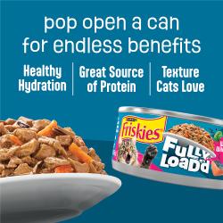 Friskies Fully Loaded wet cat food helps with hydration is a great source of protein and has a texture cats love.