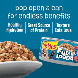 Friskies Fully Loaded wet cat food helps with hydration is a great source of protein and has a texture cats love.