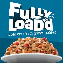 Friskies Fully Loaded wet cat food is super chunky and coated in delicious gravy.