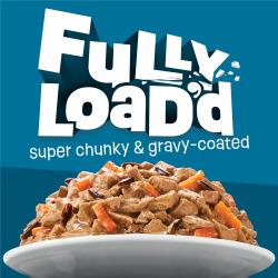Friskies Fully Loaded wet cat food is super chunky and coated in delicious gravy.