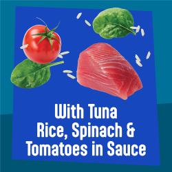Friskies Fully Loaded is made with tuna wild rice tomatoes and spinach in sauce.