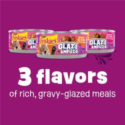 Friskies Glazed and Infuzed wet cat food comes in 3 flavors of rich gravy glazed meals.