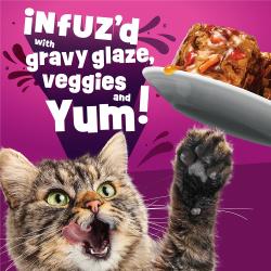 Friskies Glazed and Infuzed wet cat food is made with gravy glaze and veggies cats find yummy.