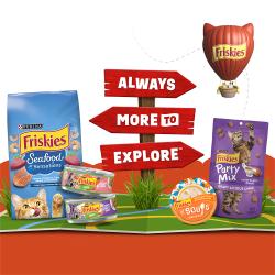 There is always more to explore with Friskies products including dry foods, wet foods, complements, toppers, and treats.