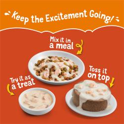 Try Friskies Lil' Soups cat food topper in a dry kibble meal as a treat or on top of other wet cat foods.