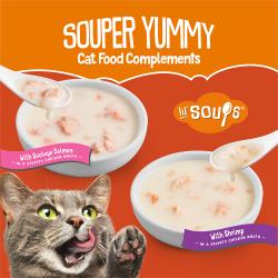 Friskies Lil' Soups wet cat food complement with sockeye salmon and shrimp in a velvety chicken broth.