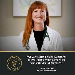 Pro Plan AdvantEDGE Senior Support is Pro Plan's most advanced nutrition yet for dogs according to Purina's Vet Dr. RuthAnn.