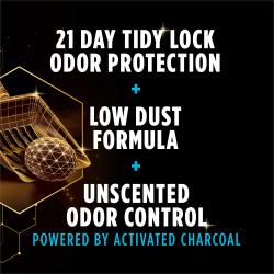 Una infografía sobre cómo Tidy Cats Performance Plus Power Clump Multi Cat Litter sin fragancia neutraliza olores y tiene bajo polvo.