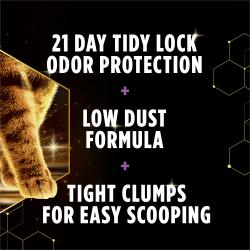 Odor protection, low dust, and clumping infographic for Tidy Cats Performance Plus Tidy Feet Low Tracking litter.