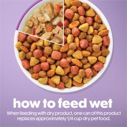 Cómo alimentar con alimento húmedo. Al alimentar junto con alimento seco, una lata de este producto reemplaza aproximadamente 1/4 de taza de alimento seco para mascotas.