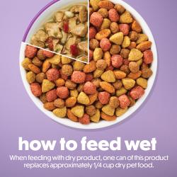 How to feed wet.When feeding with dry product, one can of this product replaces approximately 1/4 cup dry pet food.
